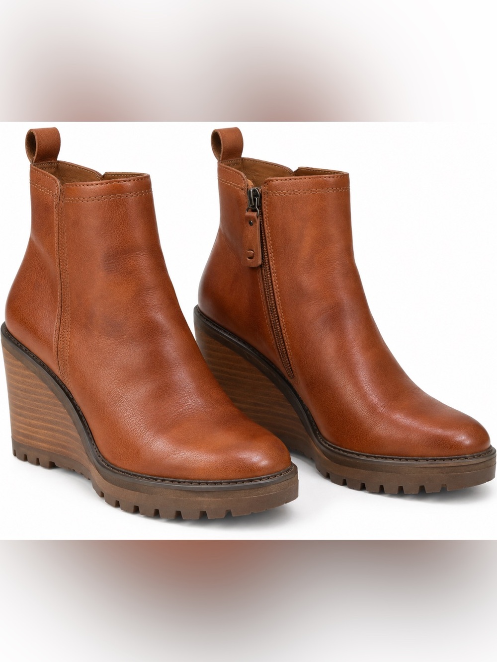 Zodiac Julie Brown Leather Wedge Lug Sole Ankle Boots Size 9
